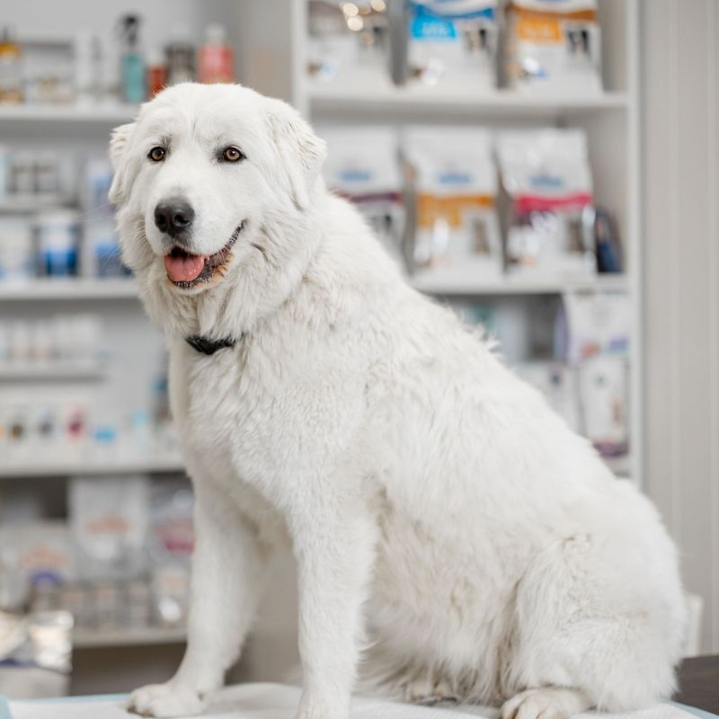 Dog sitting on a table in the pharmacy